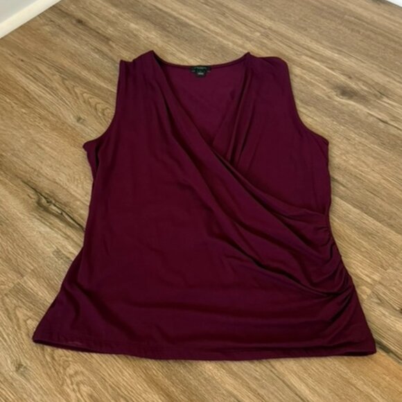 Ann Taylor Factory Tops - Ann Taylor Factory Wine Colored Sleeveless Faux-Wrap Top, Side Ruching | Size L